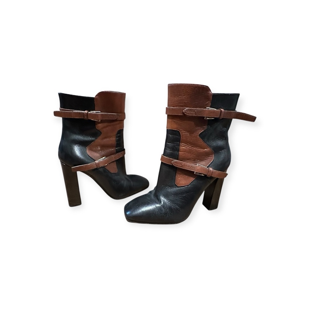 Prada Two Tone Black/Brown Leather Square Toe Ankle Boots, 38.5/8